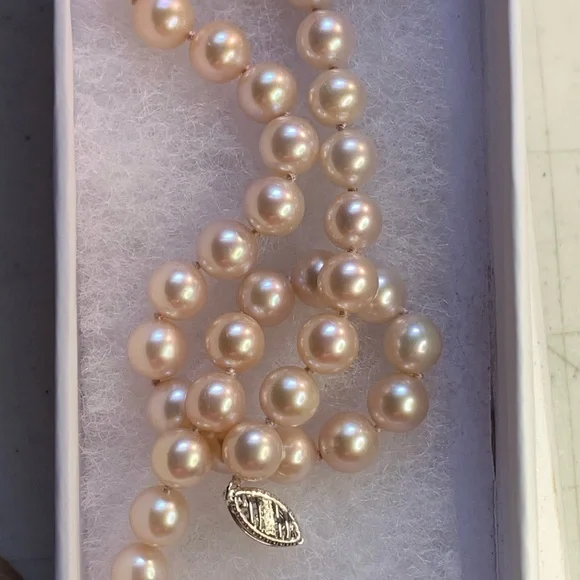 14kt white gold clasp baby pink pearls set in necklace! Stunning 😍 - Picture 1 of 8